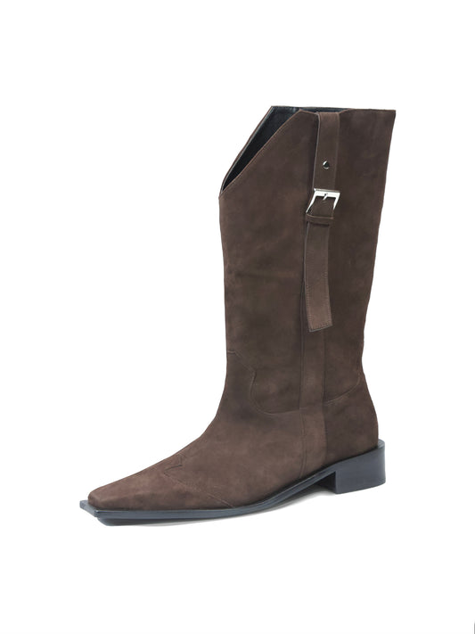 Long Buckle Suede Boots (Brown)